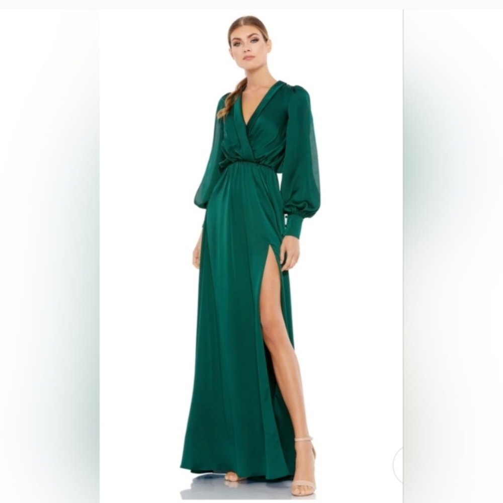 Mac Duggal Maxi Gown Bishop Sleeve Faux Wrap Formal Dress Slit  NWT 49146